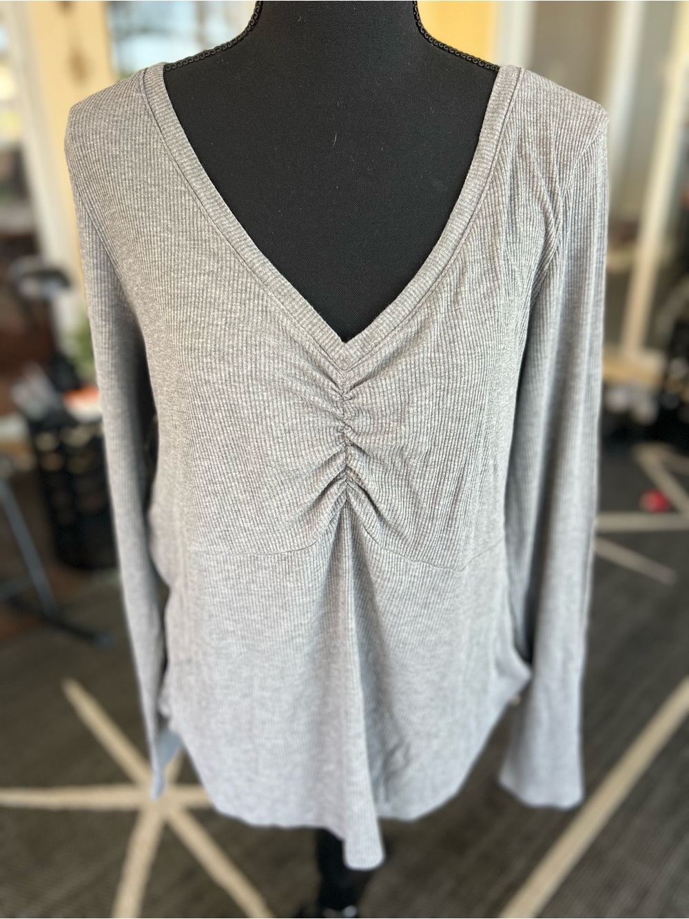 Torrid Light Gray Ribbed V-Neck Long Sleeve Top with Front Ruching